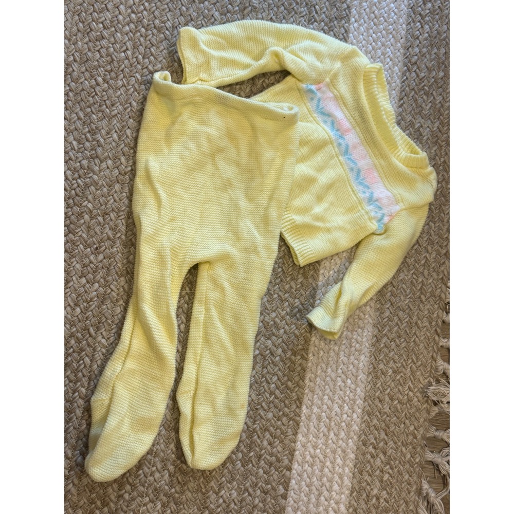 Vintage Cradle Knit Baby Sweater Set Yellow Footed Leggings 2pc 0-6 Months